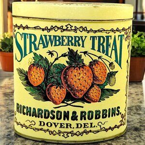Vintage Strawberry Treat Tin – Retro Yellow Advertising Canister by Richardson &